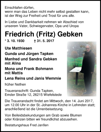 Traueranzeige von Friedrich (Fritz) Gebken von Nordwest-Zeitung