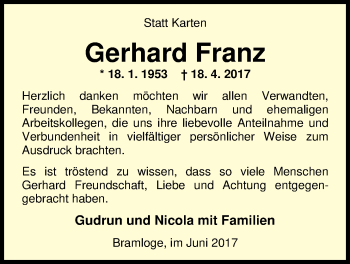 Traueranzeige von Gerhard Franz von Nordwest-Zeitung