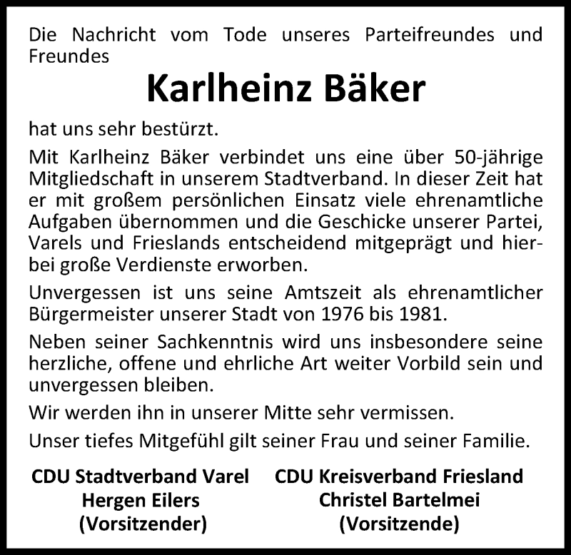  Traueranzeige für Karlheinz Bäker vom 09.06.2017 aus Nordwest-Zeitung