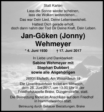Traueranzeige von Jan-Göken Wehmeyer von Nordwest-Zeitung