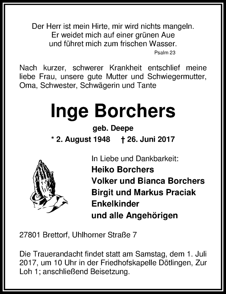  Traueranzeige für Inge Borchers vom 28.06.2017 aus Nordwest-Zeitung