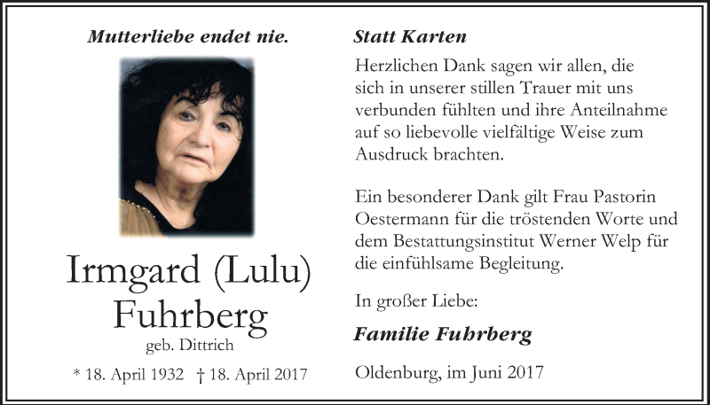  Traueranzeige für Irmgard Fuhrberg vom 10.06.2017 aus Nordwest-Zeitung