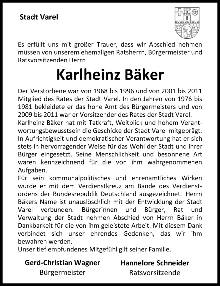  Traueranzeige für Karlheinz Bäker vom 09.06.2017 aus Nordwest-Zeitung
