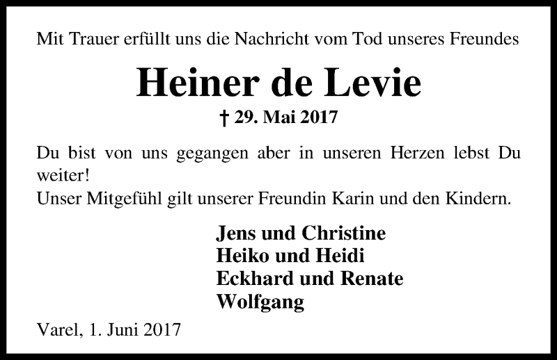  Traueranzeige für Heinz (Heiner) Levie vom 01.06.2017 aus Nordwest-Zeitung