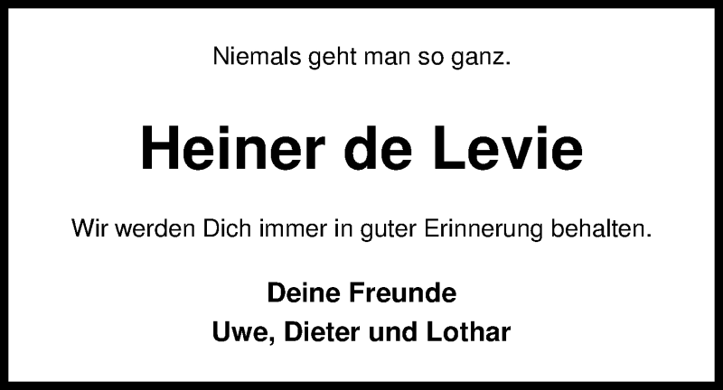  Traueranzeige für Heinz de Levie vom 02.06.2017 aus Nordwest-Zeitung