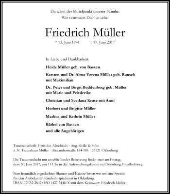 Traueranzeige von Friedrich Müller von Nordwest-Zeitung