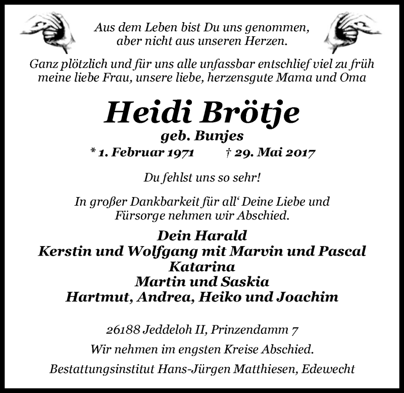  Traueranzeige für Heidi Brötje vom 03.06.2017 aus Nordwest-Zeitung