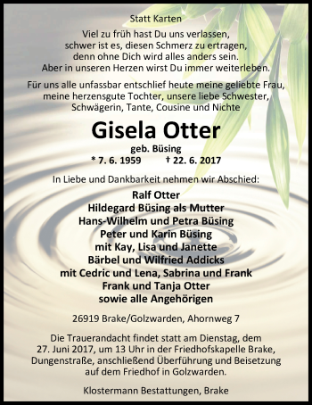 Traueranzeige von Gisela Otter von Nordwest-Zeitung