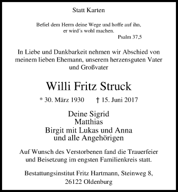 Traueranzeige von Willi Fritz Struck von Nordwest-Zeitung