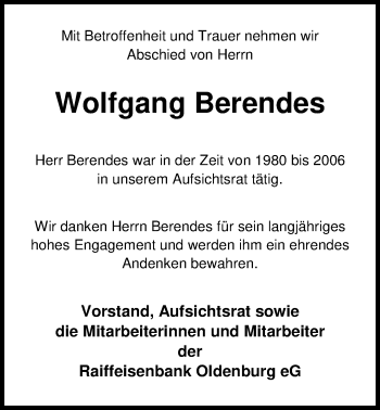 Traueranzeige von Wolfgang Berendes von Nordwest-Zeitung