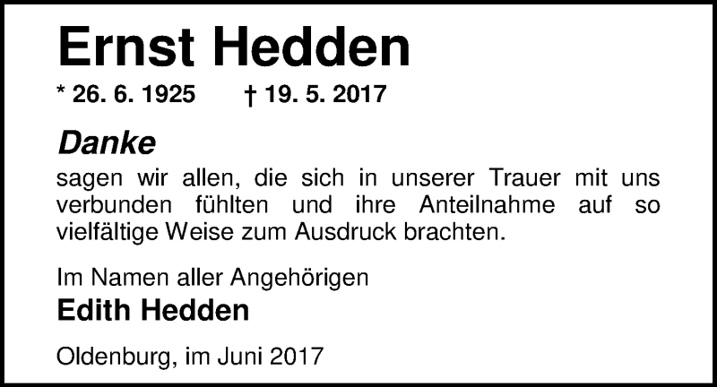  Traueranzeige für Ernst Hedden vom 03.06.2017 aus Nordwest-Zeitung