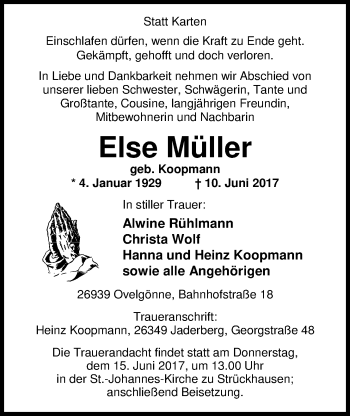 Traueranzeige von Else Müller von Nordwest-Zeitung