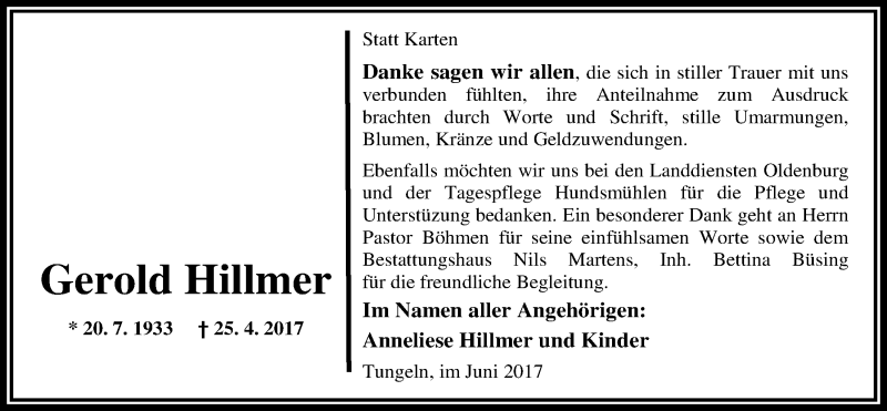  Traueranzeige für Gerold Hillmer vom 17.06.2017 aus Nordwest-Zeitung