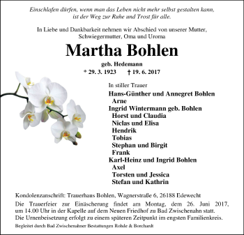 Traueranzeige von Martha Bohlen von Nordwest-Zeitung