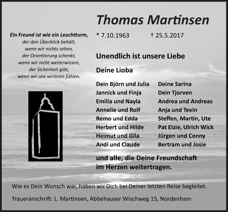  Traueranzeige für Thomas Martinsen vom 21.06.2017 aus Nordwest-Zeitung