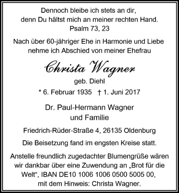 Traueranzeige von Christa Wagner von Nordwest-Zeitung