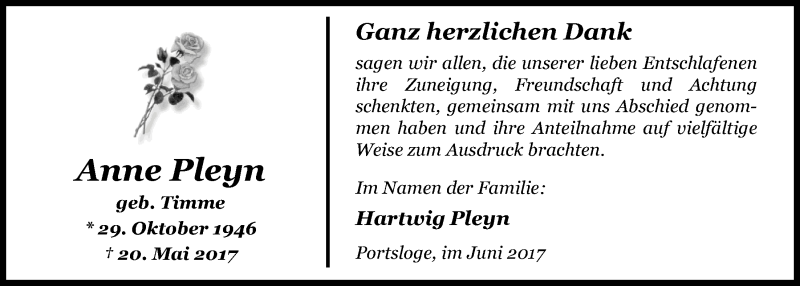  Traueranzeige für Anne Pleyn vom 22.06.2017 aus Nordwest-Zeitung