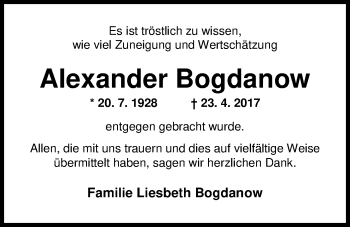 Traueranzeige von Alexander Bogdanow von Nordwest-Zeitung