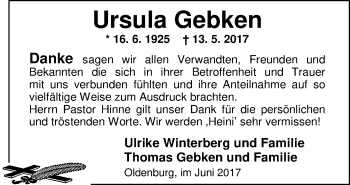 Traueranzeige von Ursula Gebken von Nordwest-Zeitung