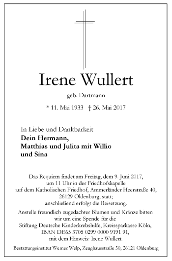 Traueranzeige von Irene Wullert von Nordwest-Zeitung