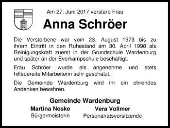 Traueranzeige von Anna Schröer von Nordwest-Zeitung