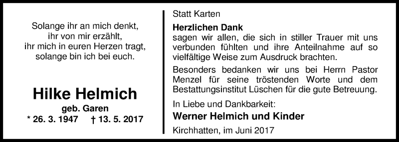  Traueranzeige für Hilke Helmich vom 17.06.2017 aus Nordwest-Zeitung