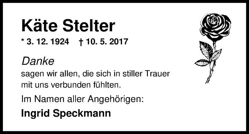  Traueranzeige für Käte Stelter vom 10.06.2017 aus Nordwest-Zeitung