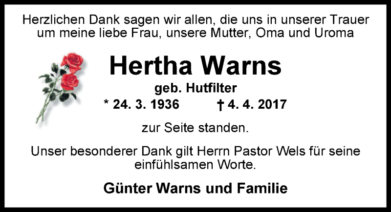  Traueranzeige für Hertha Warns vom 10.06.2017 aus Nordwest-Zeitung