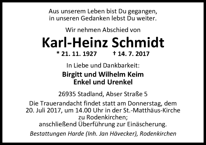  Traueranzeige für Karl-Heinz Schmidt vom 18.07.2017 aus Nordwest-Zeitung