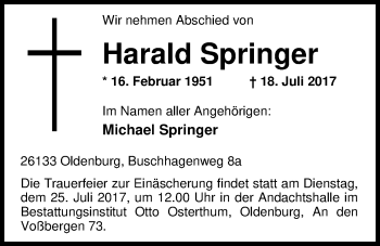 Traueranzeige von Harald Springer von Nordwest-Zeitung