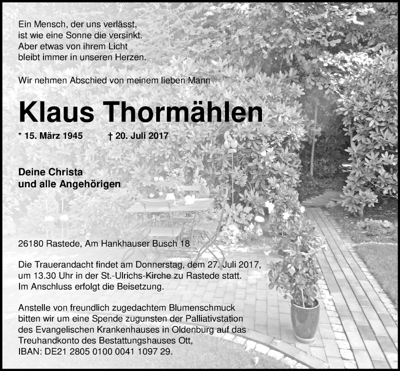  Traueranzeige für Klaus Thormählen vom 25.07.2017 aus Nordwest-Zeitung
