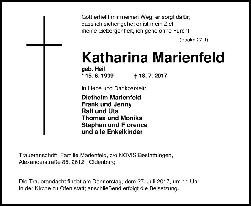  Traueranzeige für Katharina Marienfeld vom 22.07.2017 aus Nordwest-Zeitung