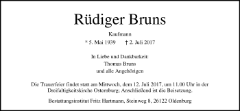 Traueranzeige von Rüdiger Bruns von Nordwest-Zeitung