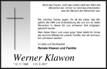 Traueranzeige von Werner Klawon von Nordwest-Zeitung