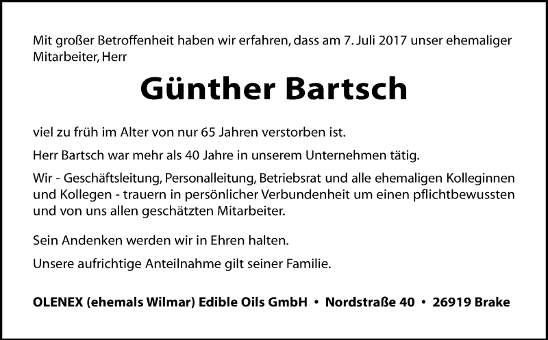  Traueranzeige für Günther Bartsch vom 18.07.2017 aus Nordwest-Zeitung