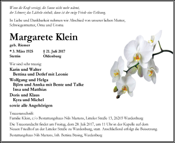 Traueranzeige von Margarete Klein von Nordwest-Zeitung