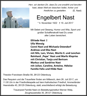 Traueranzeige von Engelbert Nast von Nordwest-Zeitung