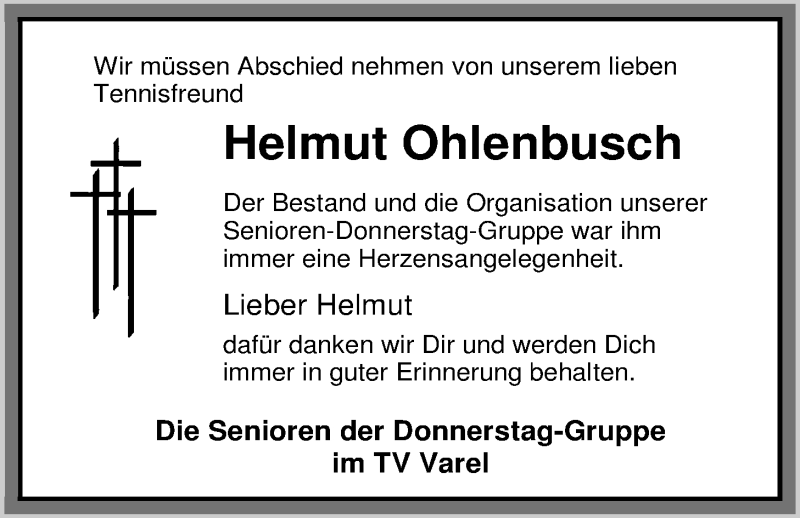  Traueranzeige für Helmut Ohlenbusch vom 03.07.2017 aus Nordwest-Zeitung