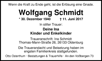 Traueranzeige von Wolfgang Schmidt von Nordwest-Zeitung