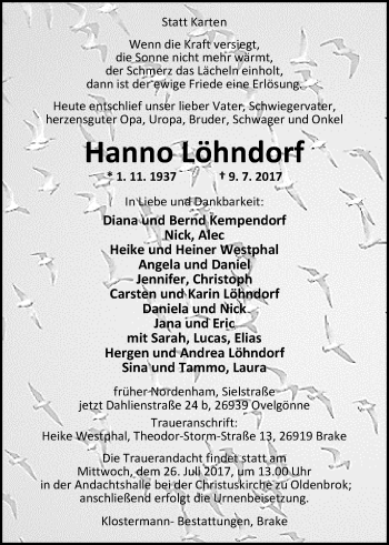Traueranzeige von Hanno Löhndorf von Nordwest-Zeitung