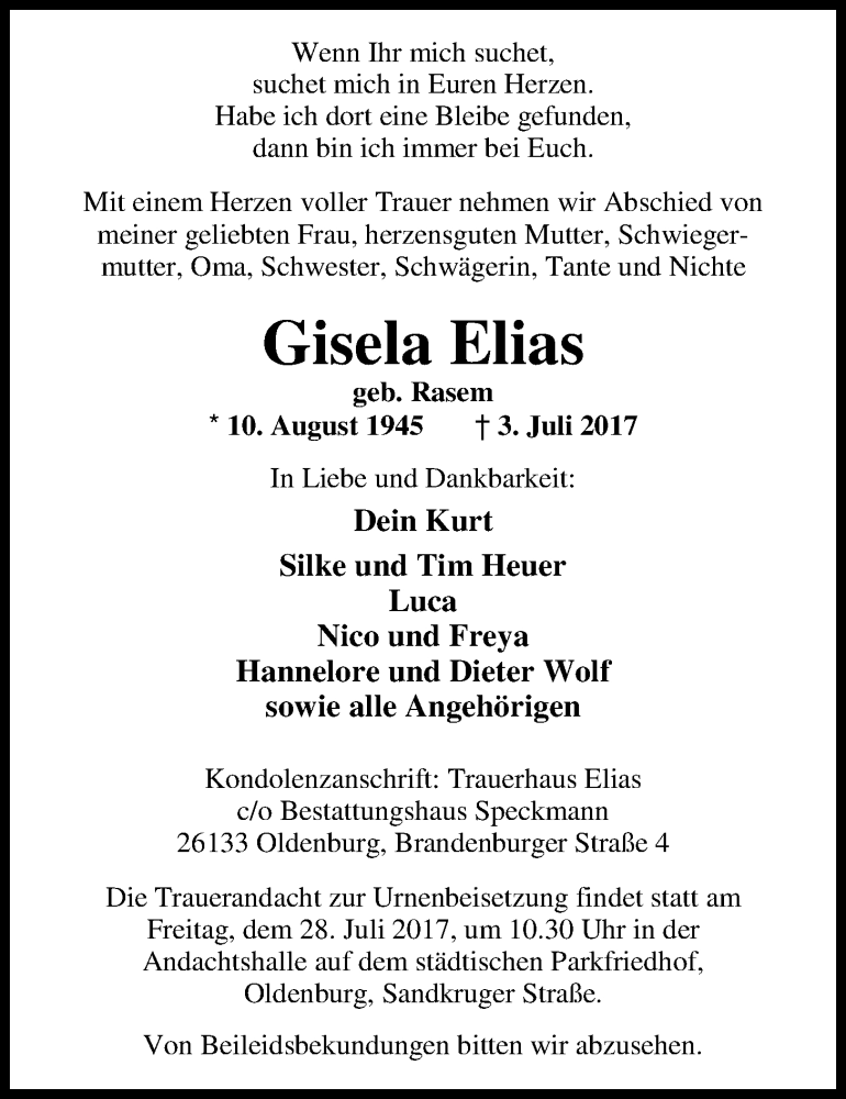  Traueranzeige für Gisela Elias vom 22.07.2017 aus Nordwest-Zeitung