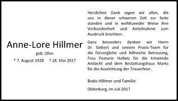 Traueranzeige von Anne-Lore Hillmer von Nordwest-Zeitung