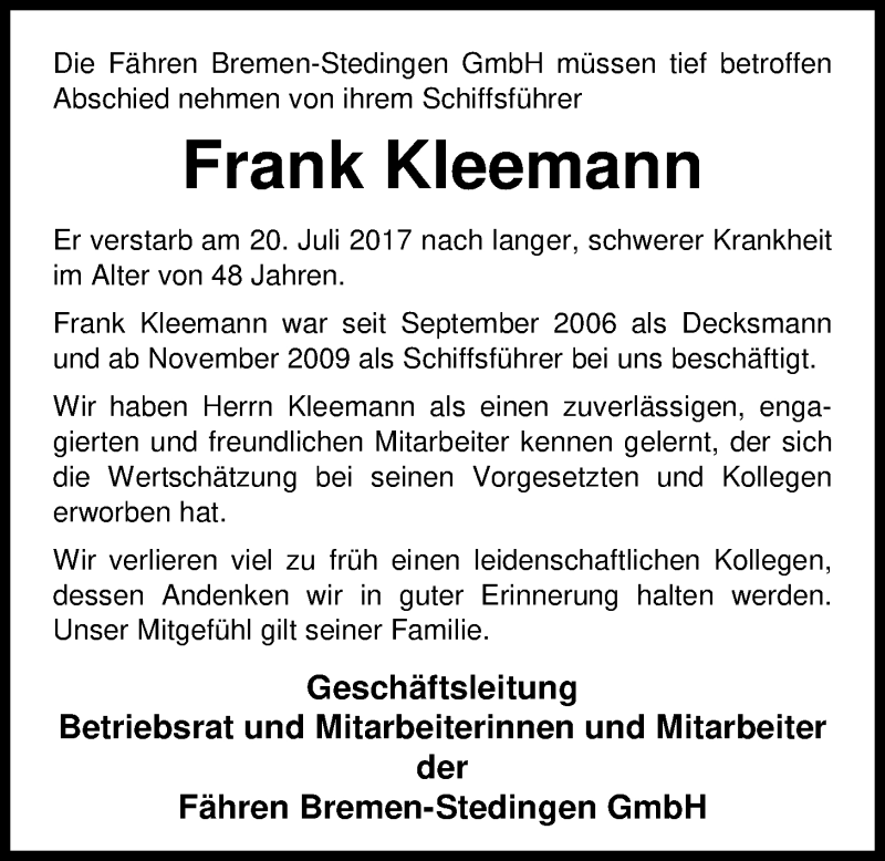  Traueranzeige für Frank Kleemann vom 25.07.2017 aus Nordwest-Zeitung