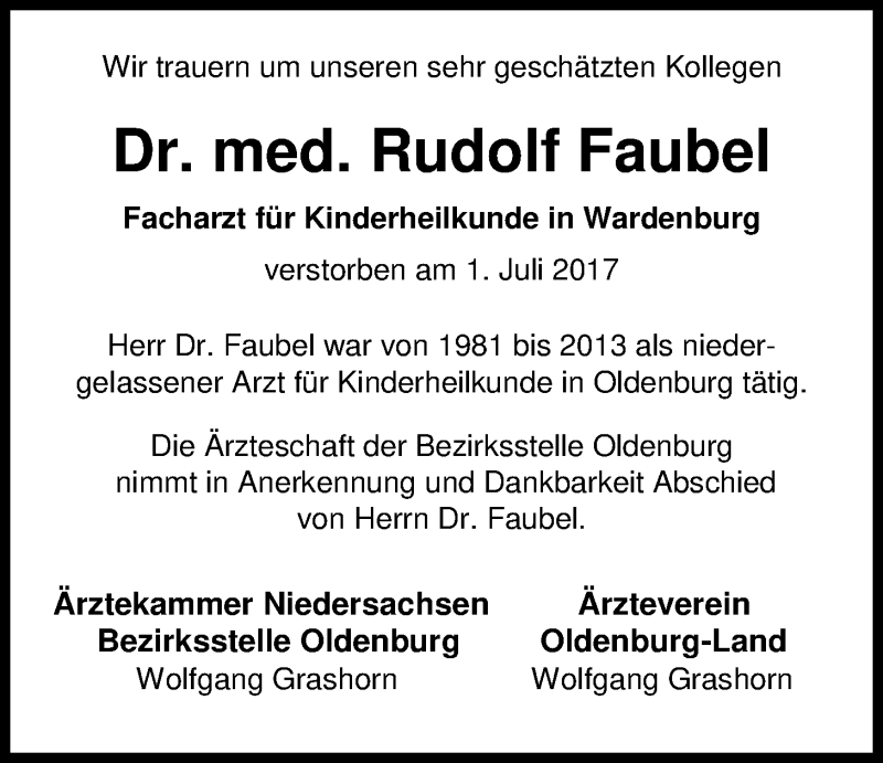  Traueranzeige für Dr. Rudolf Faubel vom 18.07.2017 aus Nordwest-Zeitung