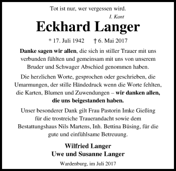 Traueranzeige von Eckhard Langer von Nordwest-Zeitung