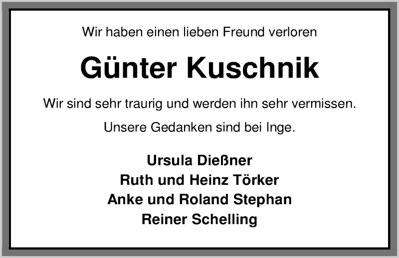  Traueranzeige für Günter Kuschnik vom 12.07.2017 aus Nordwest-Zeitung