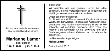 Traueranzeige von Marianne Lamer von Nordwest-Zeitung