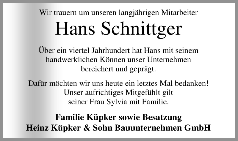  Traueranzeige für Hans Schnittger vom 19.07.2017 aus Nordwest-Zeitung