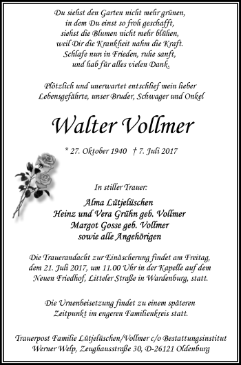 Traueranzeige von Walter Vollmer von Nordwest-Zeitung