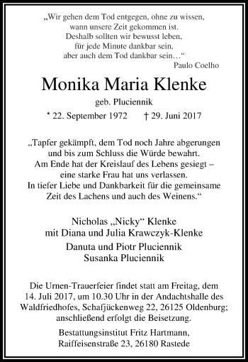 Traueranzeige von Monika Maria Klenke von Nordwest-Zeitung